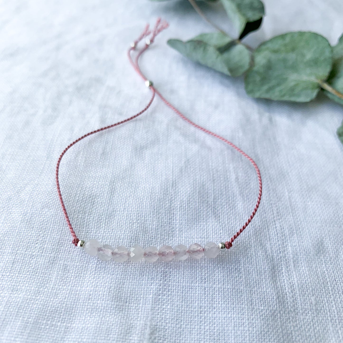 Rose quartz silk bracelet with adjustable sliding beads